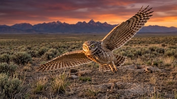 Un búho con las alas abiertas en vuelo sobre una llanura de arbustos bajos, con dos crías en un hoyo y montañas en el horizonte.
