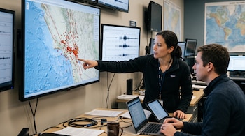Una mujer señala un mapa digital con epicentros mientras un hombre utiliza una computadora portátil en una oficina con pantallas.