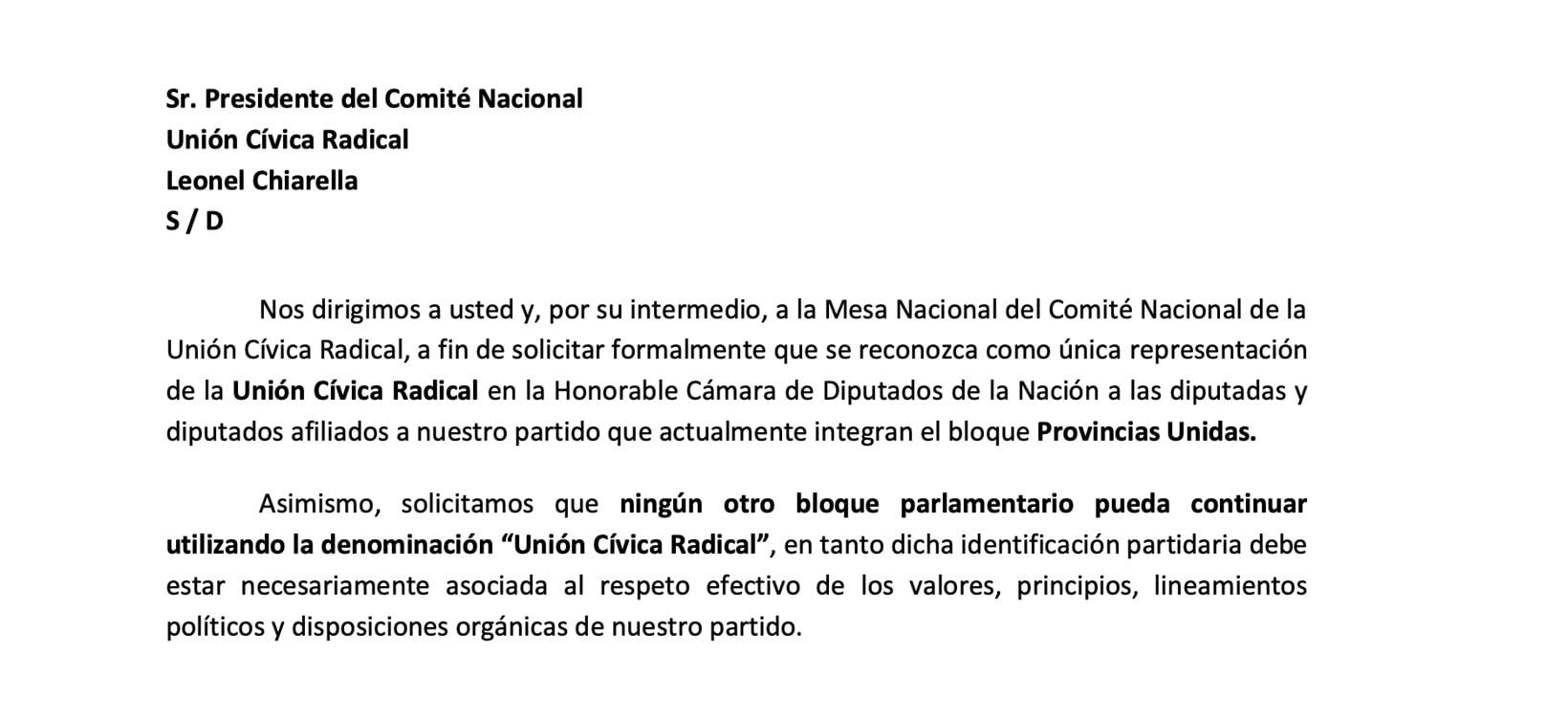 La carta dirigida al presidente de la UCR