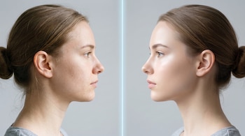 Rostro de mujer joven dividido verticalmente por una línea azul. La parte izquierda muestra piel con imperfecciones y la derecha piel lisa.