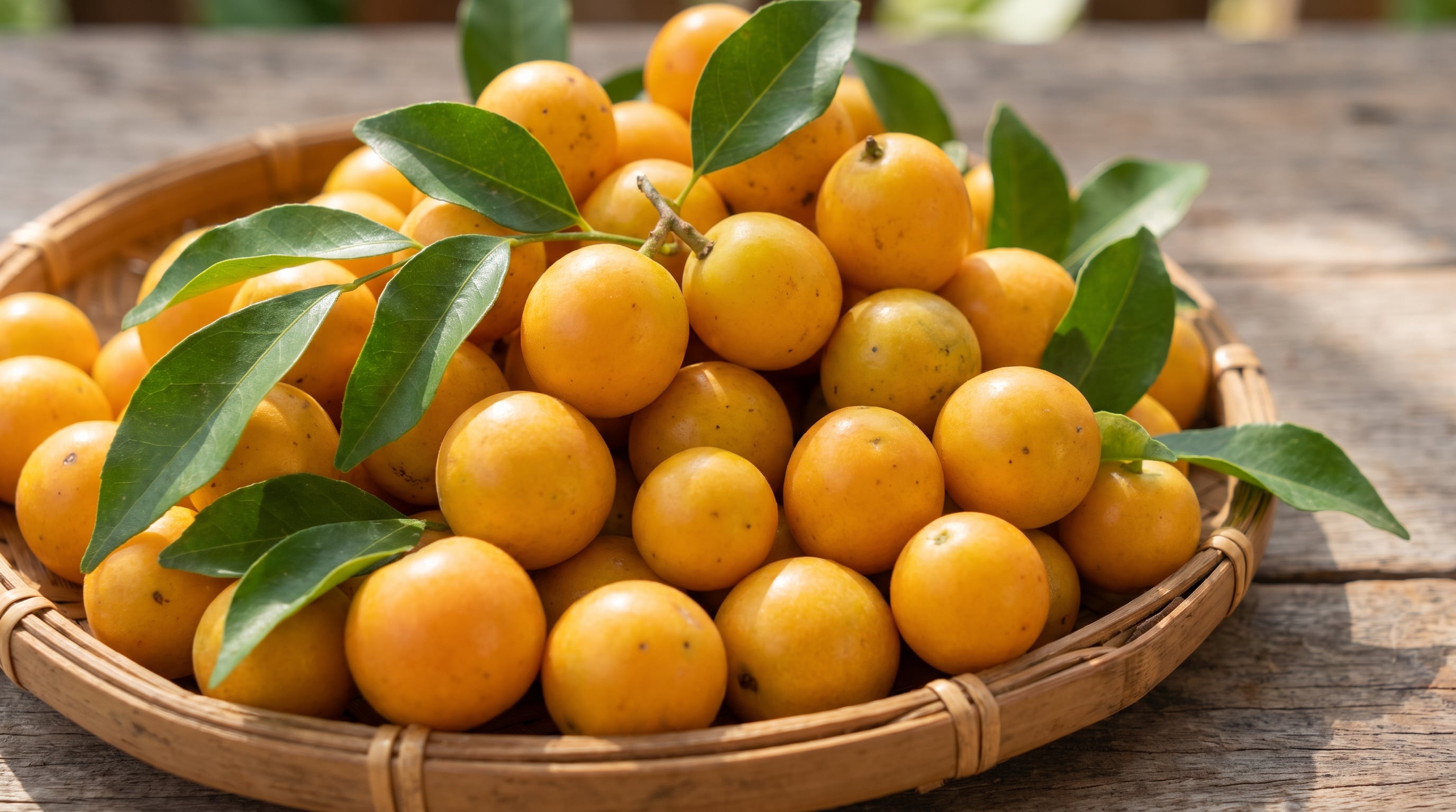 Una cesta de mimbre muestra una abundante cantidad de frutos de nanche de color amarillo brillante, junto a sus hojas verdes, sobre una superficie rústica de madera. (Imagen Ilustrativa Infobae)