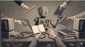 Ilustración de robot gris con "IA" en el pecho, en escritorio. Manos humanas le ofrecen libros, calculadora, regla. Computadoras antiguas, cables. Fondo con patrón de circuitos