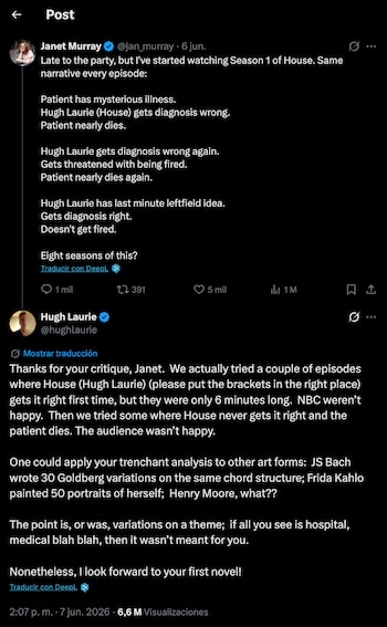 Hugh Laurie respondió a una periodista que aseguraba que 'Dr House' tenía una fórmula repetitiva que se sobreexplotó durante 8 temporadas
