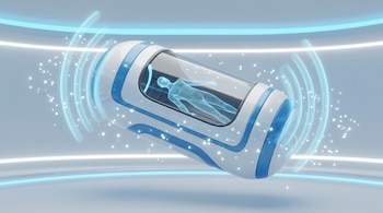 Render 3D de una cápsula médica futurista blanca y azul con un contorno humano digital azul translúcido en su interior, rodeada de ondas y partículas luminosas.