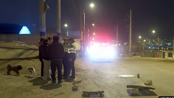 Varias personas y agentes policiales conversan de noche en una calle iluminada junto a dos perros y un vehículo con luces encendidas