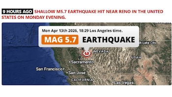 Mapa satelital que muestra la costa oeste de Estados Unidos, con un indicador de un terremoto de magnitud 5.7 cerca de Reno, Nevada