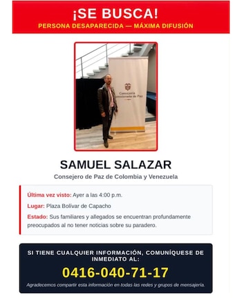 Este es el cartel de búsqueda que se ha compartido en redes sociales luego de que se reportó el secuestro del reverendo colombiano el domingo 26 de julio de 2026 - crédito @InderRamirez/X