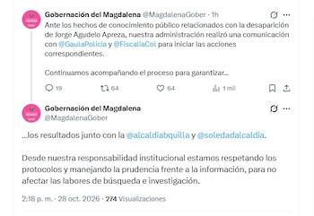 La Gobernación del Magdalena anunció que el Gaula de la Policía y la Fiscalía adelantan operativos de búsqueda e investigación por la desaparición de Jorge Luis Agudelo Apreza (@MagdalenaGober/X)