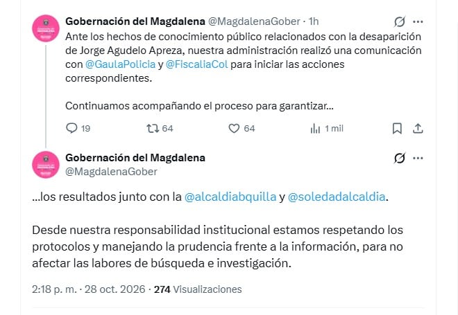 La Gobernación del Magdalena anunció que el Gaula de la Policía y la Fiscalía adelantan operativos de búsqueda e investigación por la desaparición de Jorge Luis Agudelo Apreza (@MagdalenaGober/X)