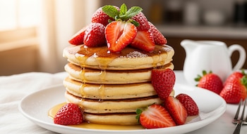 Primer plano de una torre de pancakes cubiertos con sirope de arce, fresas frescas, azúcar en polvo y una hoja de menta, sobre un plato blanco.