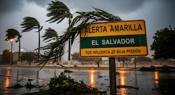 Un cartel de Alerta Amarilla en El Salvador durante una fuerte lluvia y vientos. Palmeras dobladas, hojas caídas y una calle mojada con reflejos.