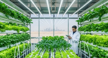 Hombre en bata con tableta entre estantes de plantas verdes en granja hidropónica con luces LED; se ve un desierto y rascacielos a través de la ventana.