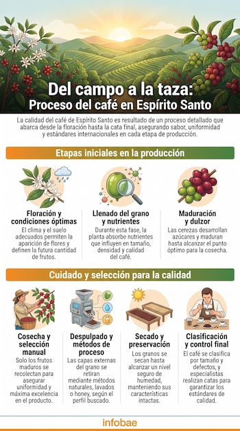 Infografía con texto y ilustraciones que detalla el proceso de producción de café, desde la planta hasta la clasificación final del grano, y el logo de Infobae