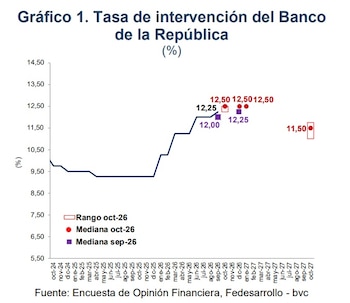 La tasa de interés del Banco de la República solo empezaría a bajar en 2027 - crédito Fedesarrollo y bvc