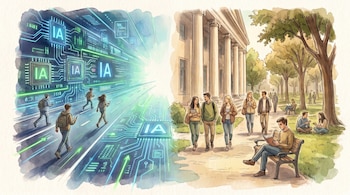 Una ilustración de acuarela muestra una escena dividida: a la izquierda, una autopista digital con chips de IA y personas; a la derecha, un campus universitario con estudiantes.