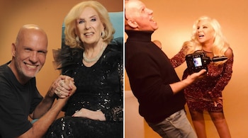 Imagen horizontal dividida. Izquierda: Mirtha Legrand sonríe sentada junto a un hombre. Derecha: Un hombre ríe con cámara junto a Susana Giménez.