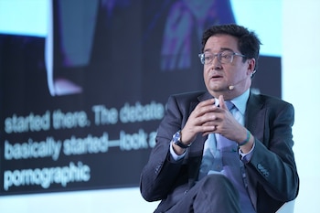 El ministro para la Transformación Digital y de la Función Pública, Óscar López, en el Encuentro Internacional por los Derechos Digitales, en Barcelona, a 14 de mayo de 2026 (David Zorrakino / Europa Press)