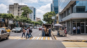 Calle con pasos peatonales, vehículos, autobuses, personas cruzando la calle y descargando cajas de un camión, edificios, árboles, puestos de comida.
