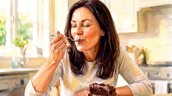 Mujer de cabello oscuro comiendo un trozo de pastel de chocolate con una cuchara. Tiene los ojos cerrados y el fondo es un interior con ventanas.