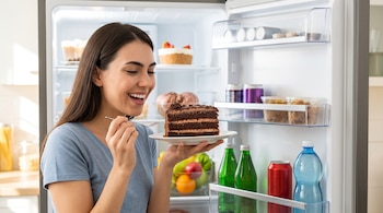 Una mujer sostiene un tenedor y un plato con un trozo de pastel de chocolate delante de un refrigerador abierto con comida y bebidas.