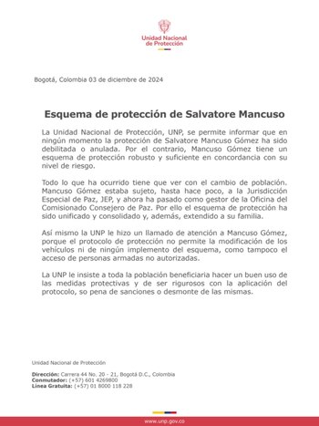 Comunicado de la UNP en el que explica la actualidad del esquema de protección de Salvatore Mancuso - crédito @UNPColombia/X