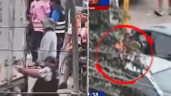 Imagen dividida de un operativo policial en exteriores, donde se ven personas y al costado una toma difusa con un círculo rojo, indicando la detención