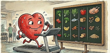 Ilustración de un corazón rojo sonriente en una cinta de correr en un gimnasio. Detrás, una pizarra con imágenes de verduras, frutas, pescado, pollo y granos