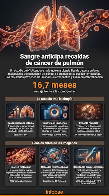 Infografía médica con gráficos de pulmones luminosos, cadenas de ADN, tomógrafo y paneles explicativos con cifras sobre cáncer de pulmón.