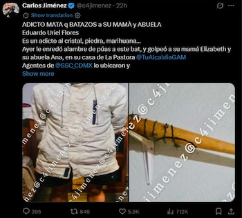 Eduardo Uriel "N" fue detenido por autoridades capitalinas tras ser señalado como el presunto responsable del asesinato de su madre y su abuela. (X @c4jimenez)
