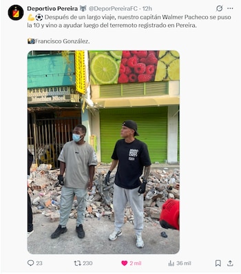 Post del Deportivo Pereira, destacando la labor social de Walmer Pacheco - crédito X