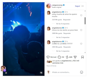 Captura de red social con comentarios de la usuaria angelatorres junto a la imagen de una pareja en un concierto con iluminación azul
