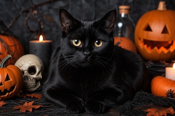 Un gato negro acostado en el centro, rodeado de calabazas talladas con rostros, velas encendidas, hojas secas y un cráneo decorativo.