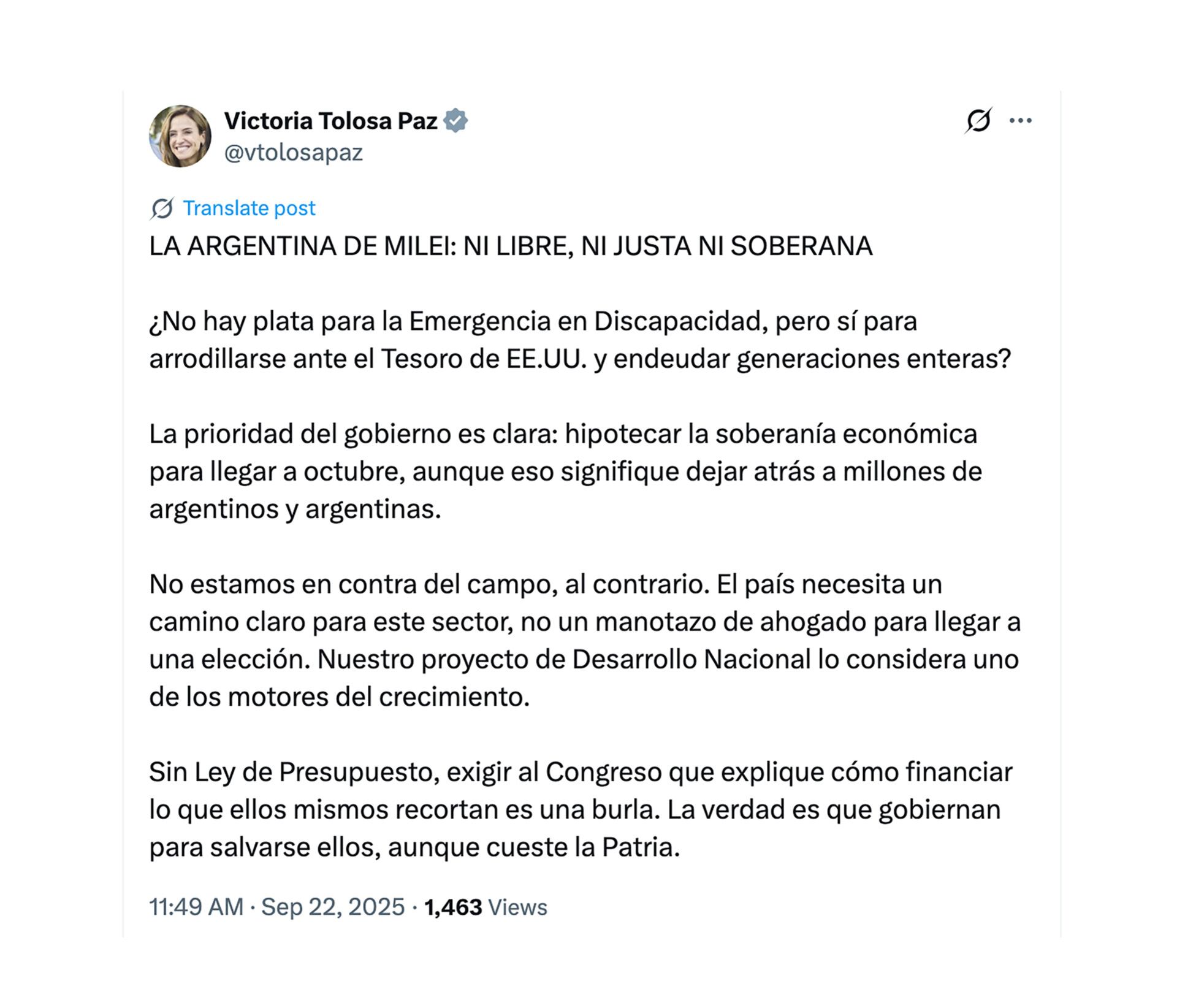 Tuit de la diputada kirchernista Victoria Tolosa Paz