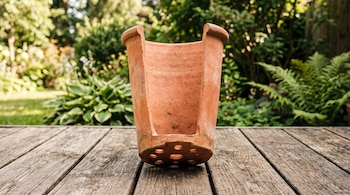 Maceta de terracota alta con una abertura frontal y orificios en la base sobre un suelo de tablas de madera en un jardín.