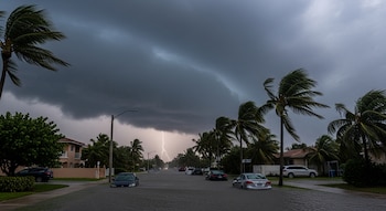 Calle residencial inundada en el sur de Florida con coches parcialmente sumergidos, palmeras dobladas por el viento, un cielo oscuro y un rayo distante.