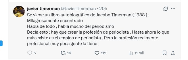 Javier Timerman tuitea sobre el