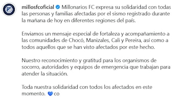 El comunicado de Millonarios sobre el terremoto en Colombia - crédito Millonarios