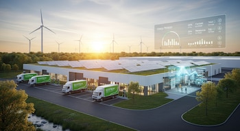 Edificio empresarial con paneles solares y turbinas eólicas. Camiones eléctricos cargando en el exterior. Una interfaz digital muestra datos de energía.