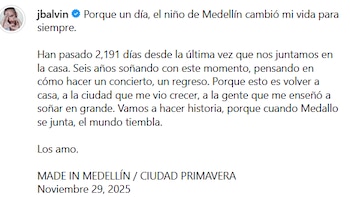 El cantante regresará a Medellín