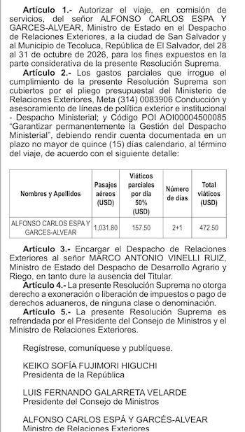 Texto de cinco artículos y un cuadro de gastos de pasajes y viáticos, suscrito con los nombres de Keiko Fujimori y Luis Galarreta