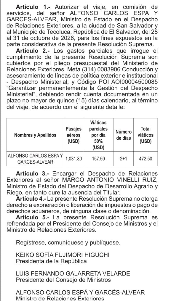 Un documento con formato de resolución suprema autoriza un viaje oficial a El Salvador para octubre de 2026 e incluye los nombres de Keiko Fujimori y Luis Galarreta en la suscripción.