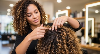 Una mujer peluquera con cabello rizado estiliza el cabello texturizado de una clienta con rizos rubios y castaños en un salón.
