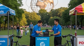 Dos hombres con uniformes azules intercambian una batería junto a carritos de comida PopWheels. Unisphere, césped y árboles en un parque.