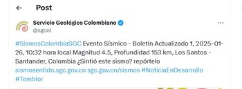Servicio Geológico Colombiano informó