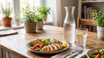 Una botella de agua etiquetada, un vaso con una rodaja de limón y un plato con pechuga de pollo, verduras al vapor y cereales sobre una mesa.