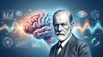 Retrato de Sigmund Freud con barba y traje, superpuesto sobre una imagen digital de un cerebro humano luminoso y gráficos científicos en un fondo cuadriculado.