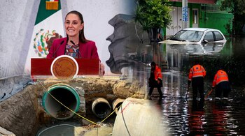 Collage con Claudia Sheinbaum en un estrado, una calle inundada con coche y personas en chalecos naranjas, y una obra de drenaje con tubos grandes.