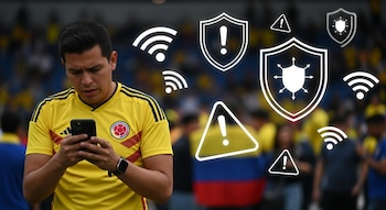 Hombre con camiseta de Colombia mira su celular preocupado. Íconos flotantes de WiFi, escudos de seguridad y advertencias rodean la escena en un estadio.
