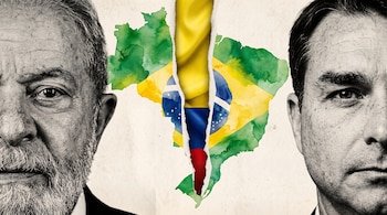 Medios rostros de Luiz Inácio Lula da Silva y Flávio Bolsonaro en blanco y negro flanquean un mapa de Brasil con la bandera de Colombia al centro.