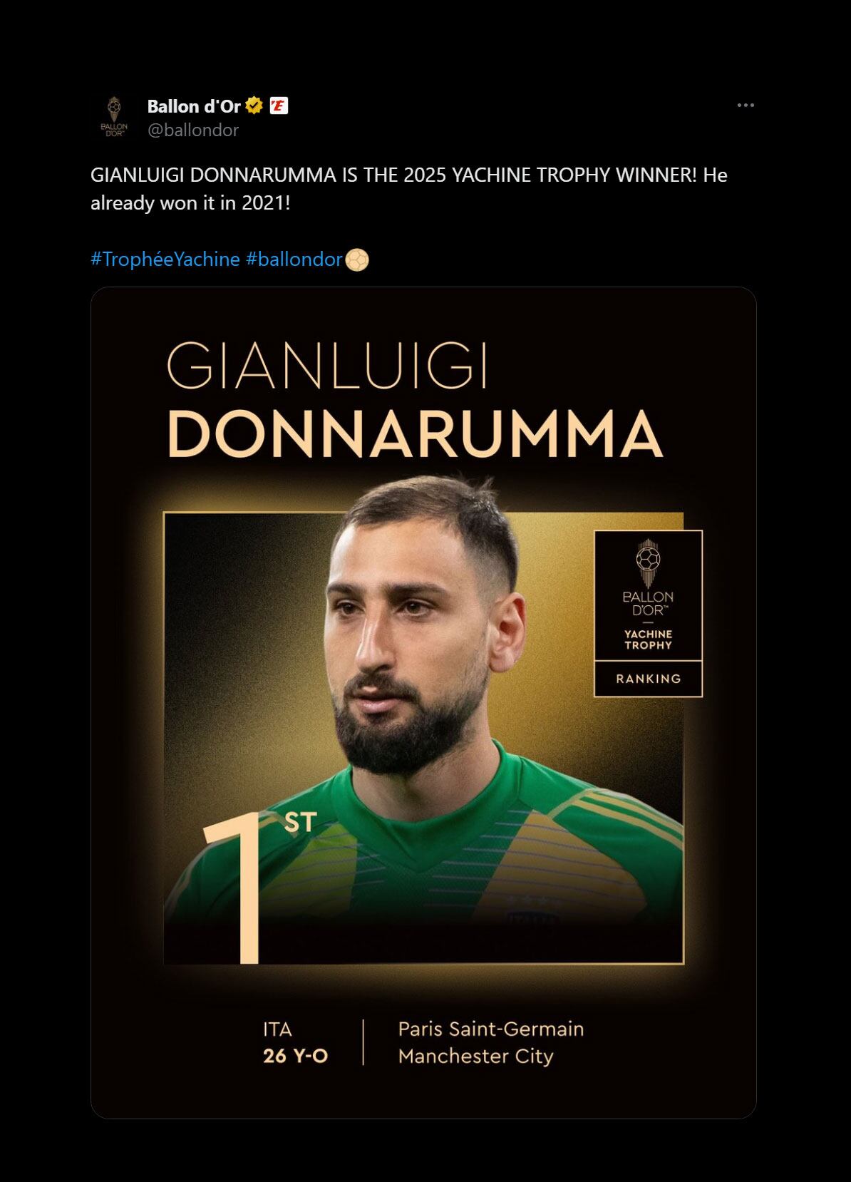 La publicación correcta con la mención a Donnarumma como el ganador